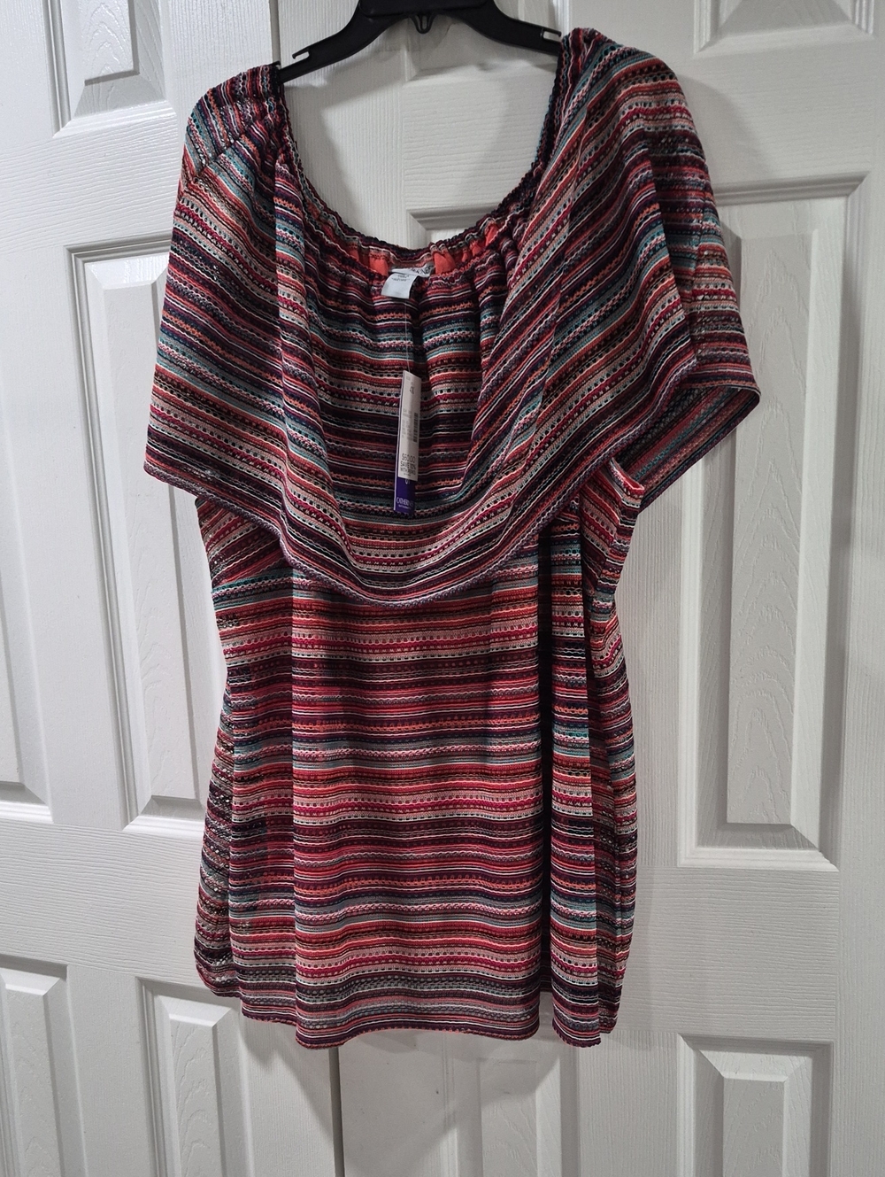 Catherines Red and Teal Striped Off-Shoulder Tunic